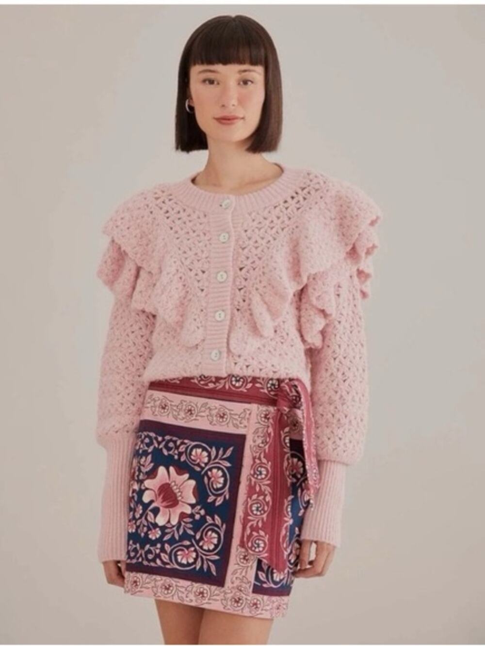 FARM Rio Ruffled Knit Cardigan Sweater